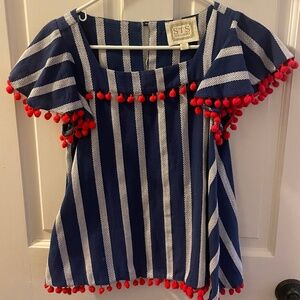 Sail to Sable Blue and White Striped Flutter Sleeve Top with Pom Pom Accents